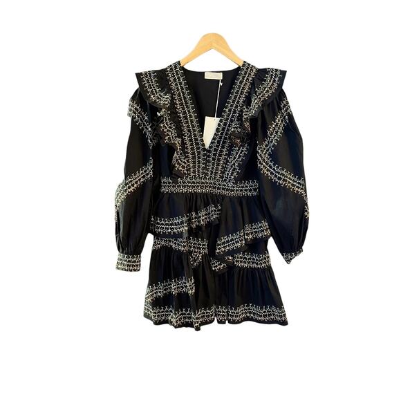 ULLA JOHNSON Anais Mini Dress Ruffle Embroidered V-Neck Black Noir Cotton 2 NWT - Picture 4 of 15
